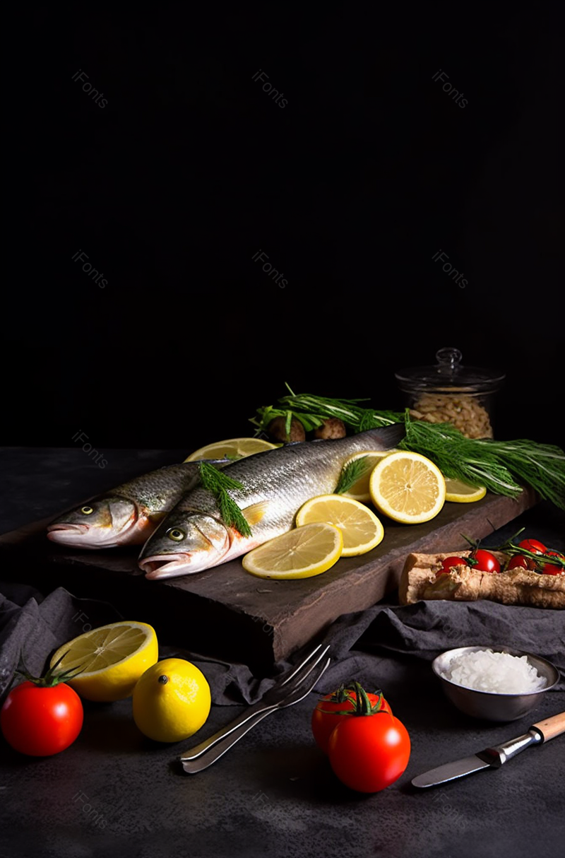 桌子上的柠檬鱼与主食配料,高清,摄影图,摄影图片,图片大全,摄影图免费下载
